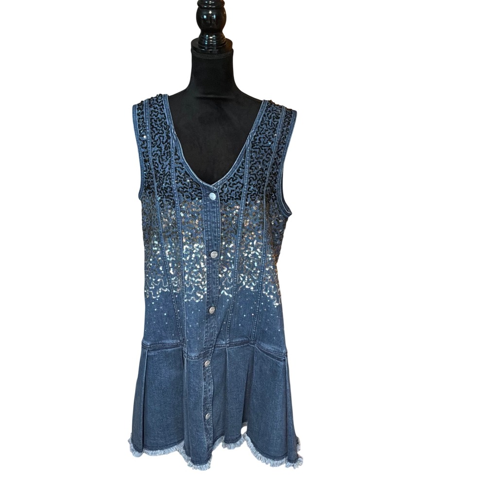 Pilcro Denim Mini Dress L Blue Sequin Ombre Button Front Pleated Frayed Hem